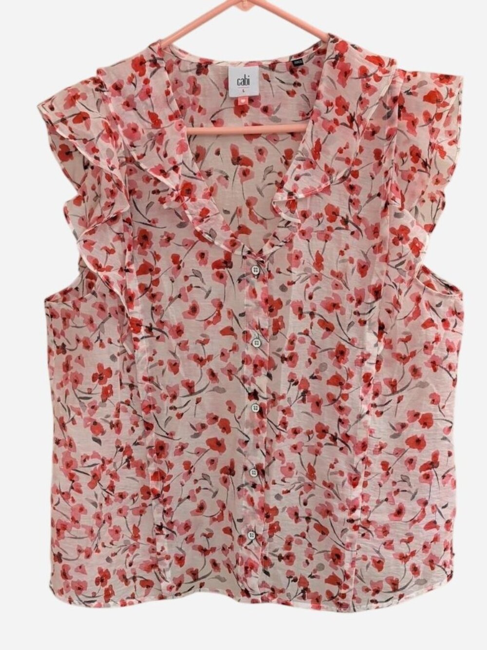 CAbi White & Red Floral Sleeveless Blouse Size L
